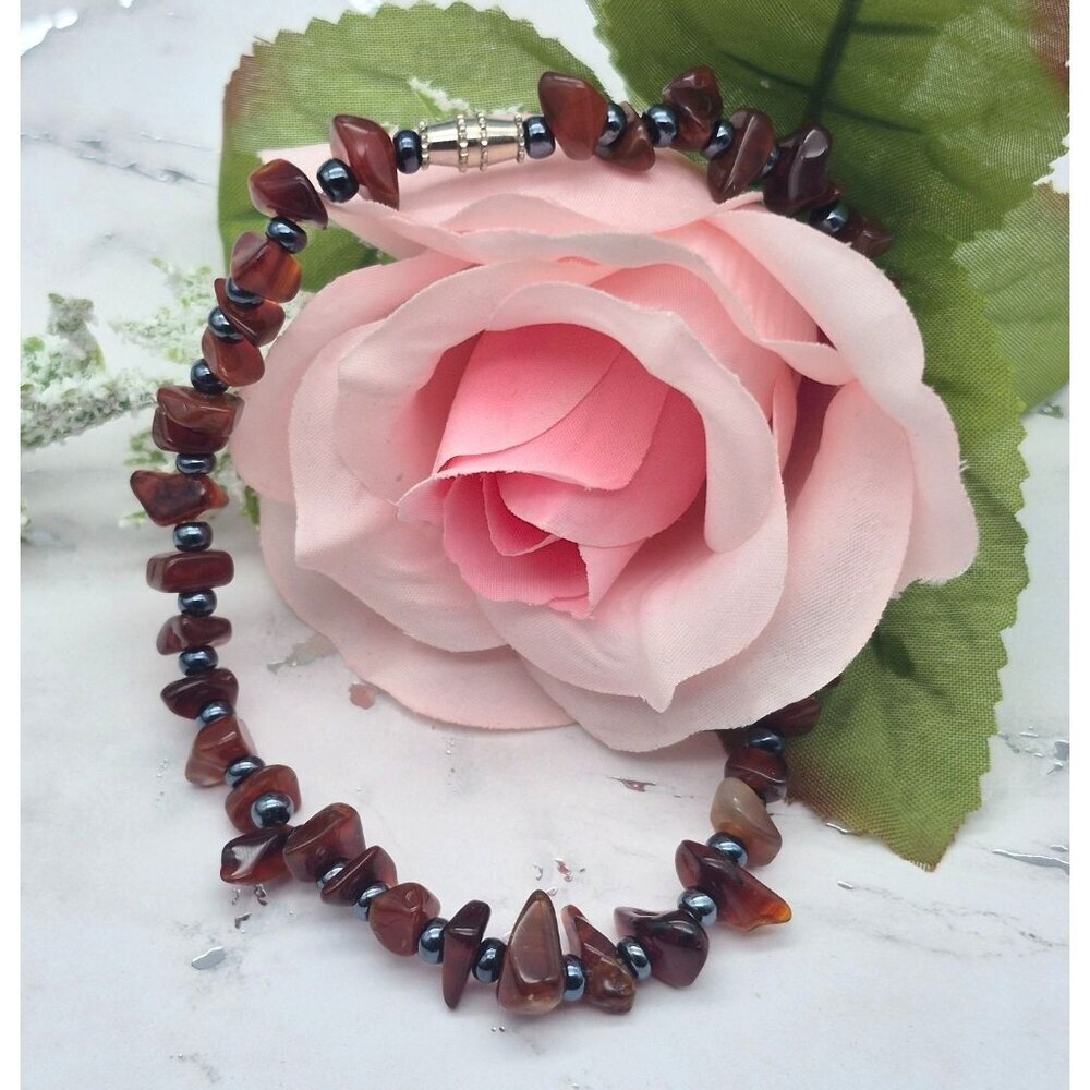 Genuine Smooth Garnet Chip & Hematite Beaded Ankle Bracelet Barrel Clasp 10"